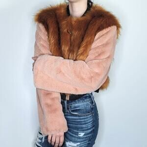 Shaci Blue faux fur zip front jacket brown pink size Large